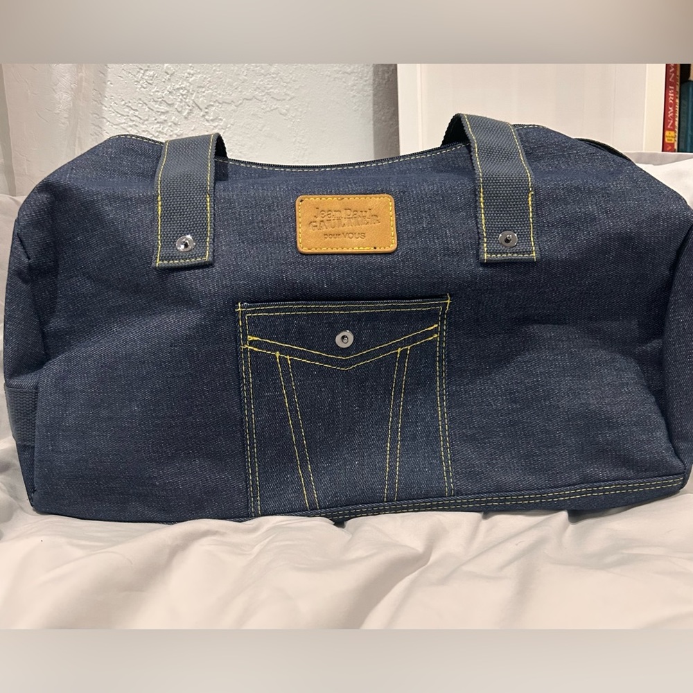 Jean Paul Gaultier pour Vous denim weekend duffel bag with adjustable strap